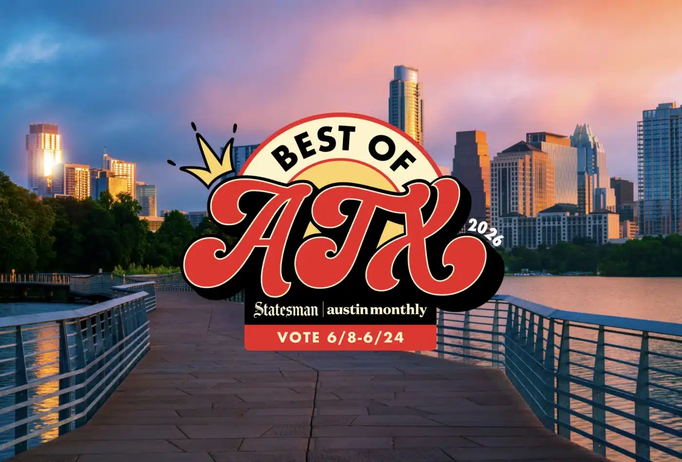 City skyline at sunset with a large colorful 'Best of' graphic overlay covering part of the buildings and water walkway beneath it, likely a promo banner for a local publication.