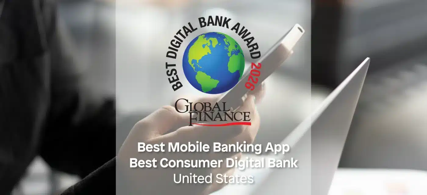 Global Finance award cover announcing Best Mobile Banking App 2026 in the United States, with a globe logo at center.