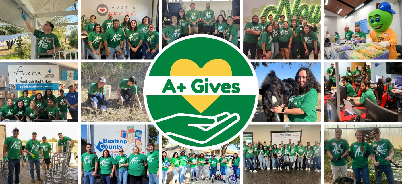 Collage of A+ employees volunteering on A+ Gives Day.