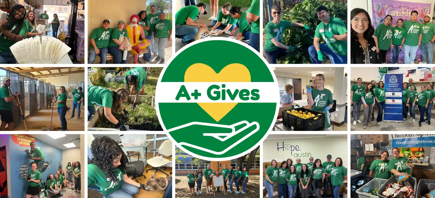 Collage of photos of A+ employees volunteering on A+ Gives Day