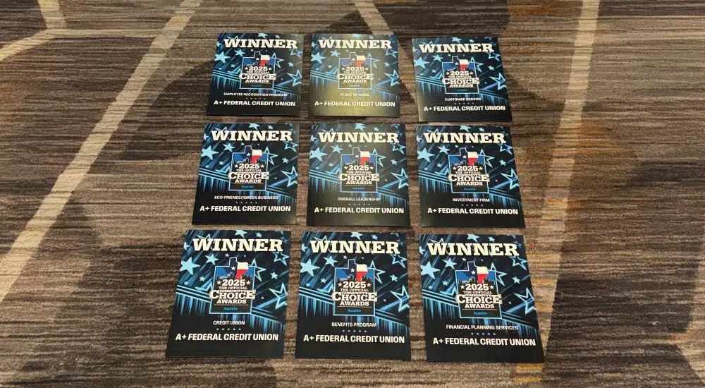 Best Customer Service, Best Credit Union, Best Financial Planning Services, Best Investment Firm, Best Place to Work, Best Overall Leadership, Best Employee Recognition Program, and Best Benefits Program.