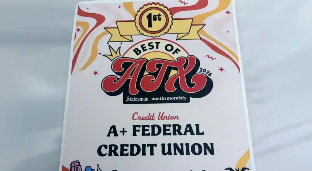Poster advertising a 'Best of' award with a gold '1st Place' badge at the top, a large red cursive wordmark, and the words 'Credit Union' visible at the bottom.