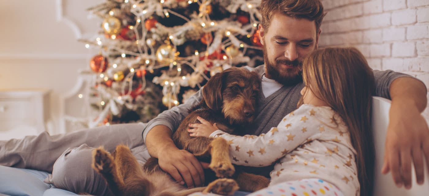 A man, young girl and dog, sitting on a couch. There is a Christmas tree in the background.
