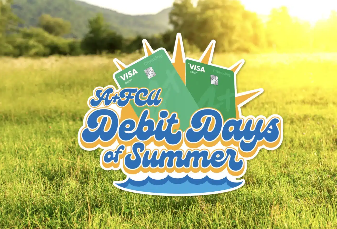 Bright summer field with a large decorative logo overlay featuring green Visa debit cards and bold blue-orange text reading 'Debt Down' or similar sales graphic