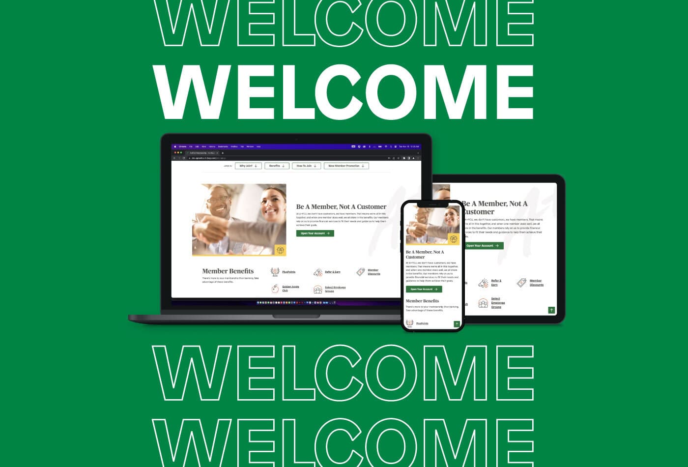 Welcome banner with photo of A+ site on a laptop, tablet, and cell phone.