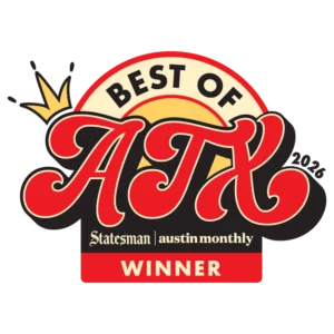 Award badge reading Best of ATL winner, featuring red script 'ATL' with crown and 'Statesman | austin monthly' designation.