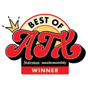 Best of ATX winner badge featuring red ATX logo, crown motif, and a red WINNER ribbon from Statesman and Austin Monthly