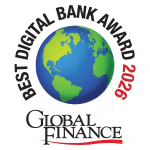 Circular award badge featuring a globe with the text 'Best Digital Bank Award 2026' around it, and the Global Finance logo beneath.