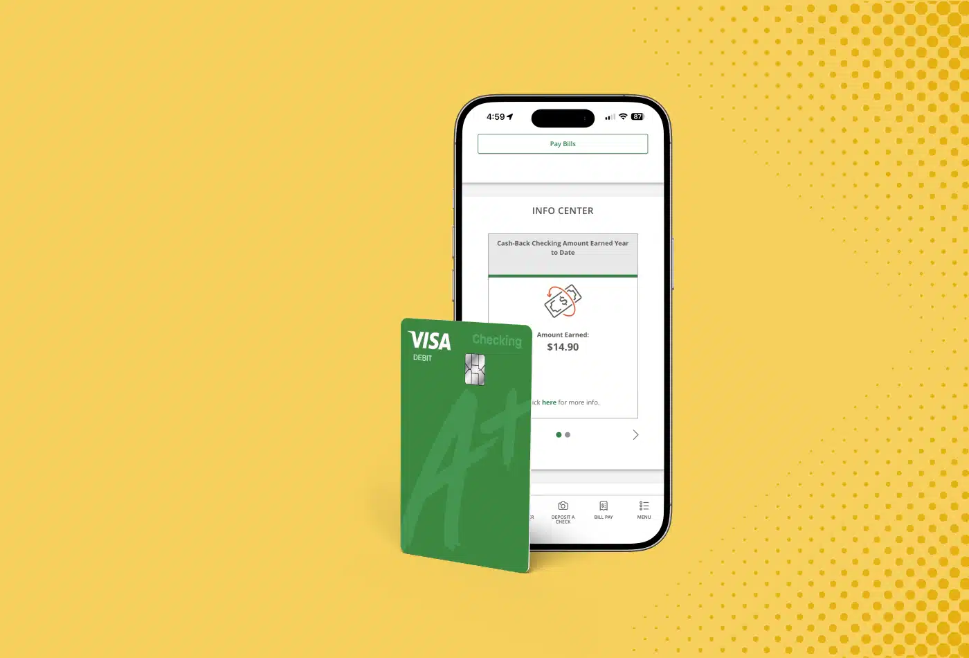 Image of mobile phone with the A+ Mobile App showing cash back earned. A+ debit card is in front of the phone.