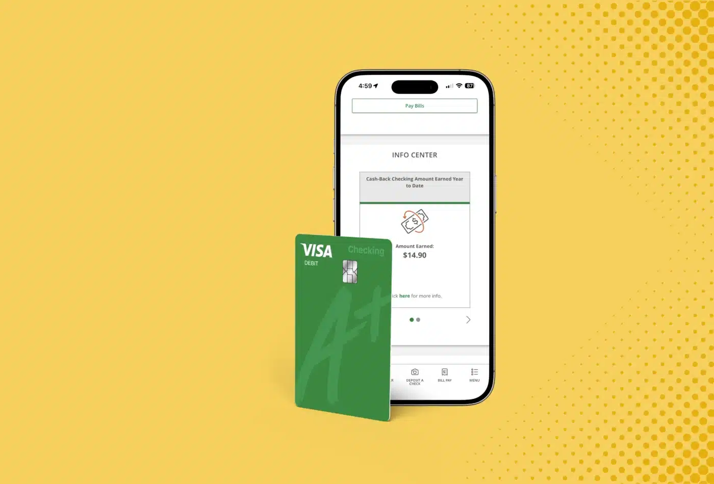 Image of mobile phone with the A+ Mobile App showing cash back earned. A+ debit card is in front of the phone.