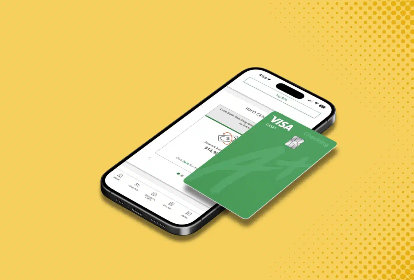 Smartphone screen showing a mobile banking app with a green Visa Debit card graphic overlay on the display.
