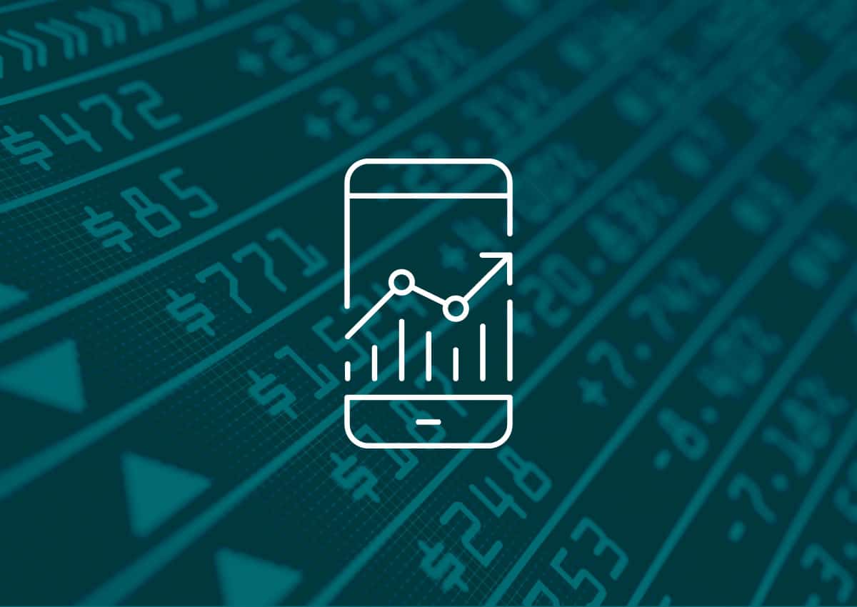 Graphic of mobile phone with a line chart over an image of stock market tickers