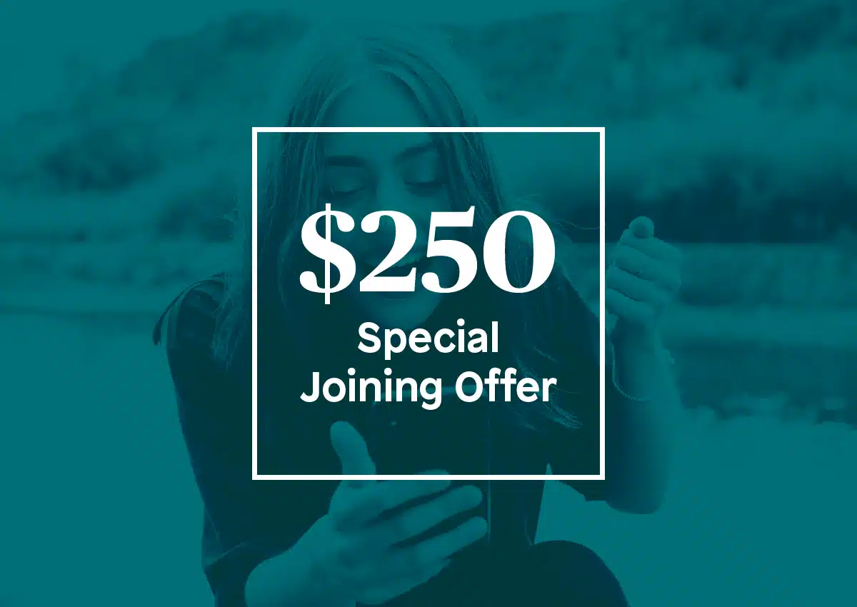 Promotional banner: $250 special joining offer with a white framed text on a teal overlayed image