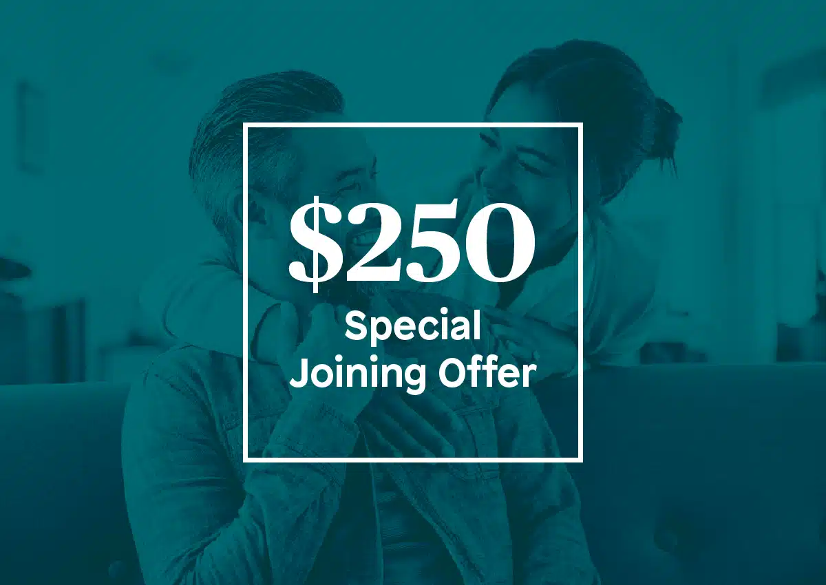 Promotion banner with text '$250' and 'Special Joining Offer' over a teal-tinted photo of a smiling couple.