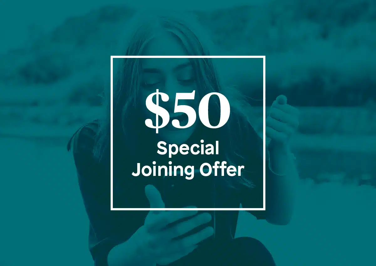 Promotional banner: '$50 Special Joining Offer' inside a white frame over a teal-tinted photo of a person using a phone.