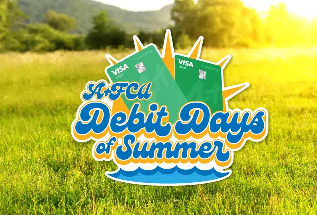 Colorful sticker-style graphic with two green Visa Debit cards over a sunny grassy field, reading 'Artful Debit Days' or similar promotional text on the foreground.
