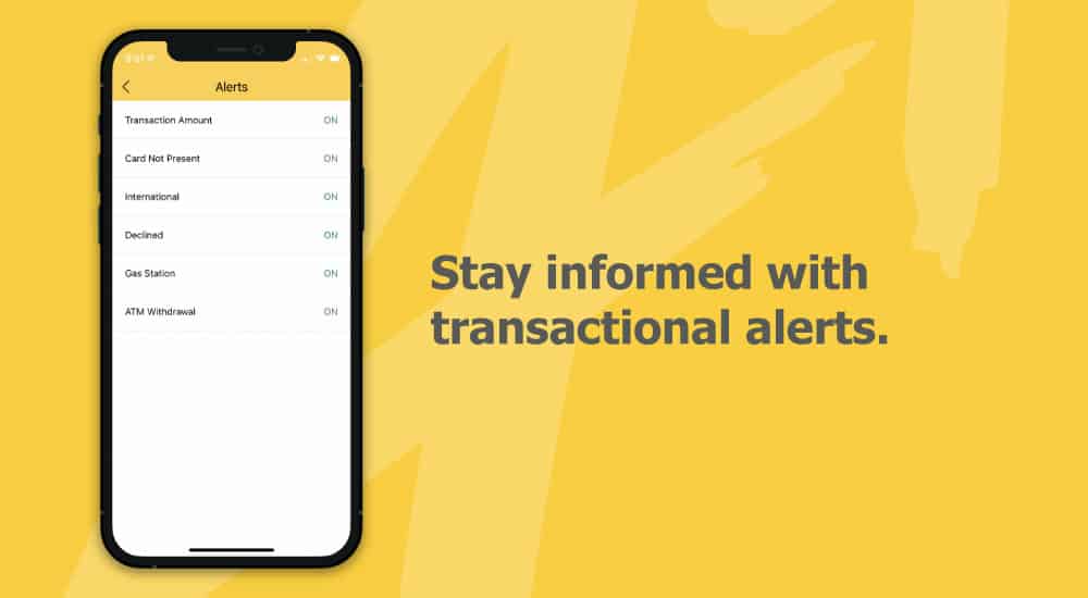 Stay informed with transactional alerts, image of phone with A+ Card Guard App alerts enrollment screen