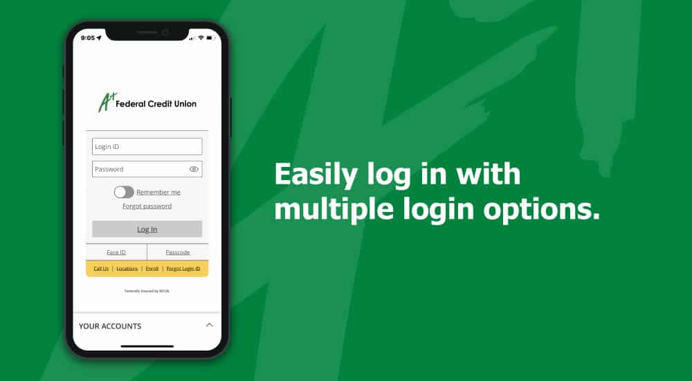 Easily log in with multiple login options, image of phone with the A+ Mobile App login screen