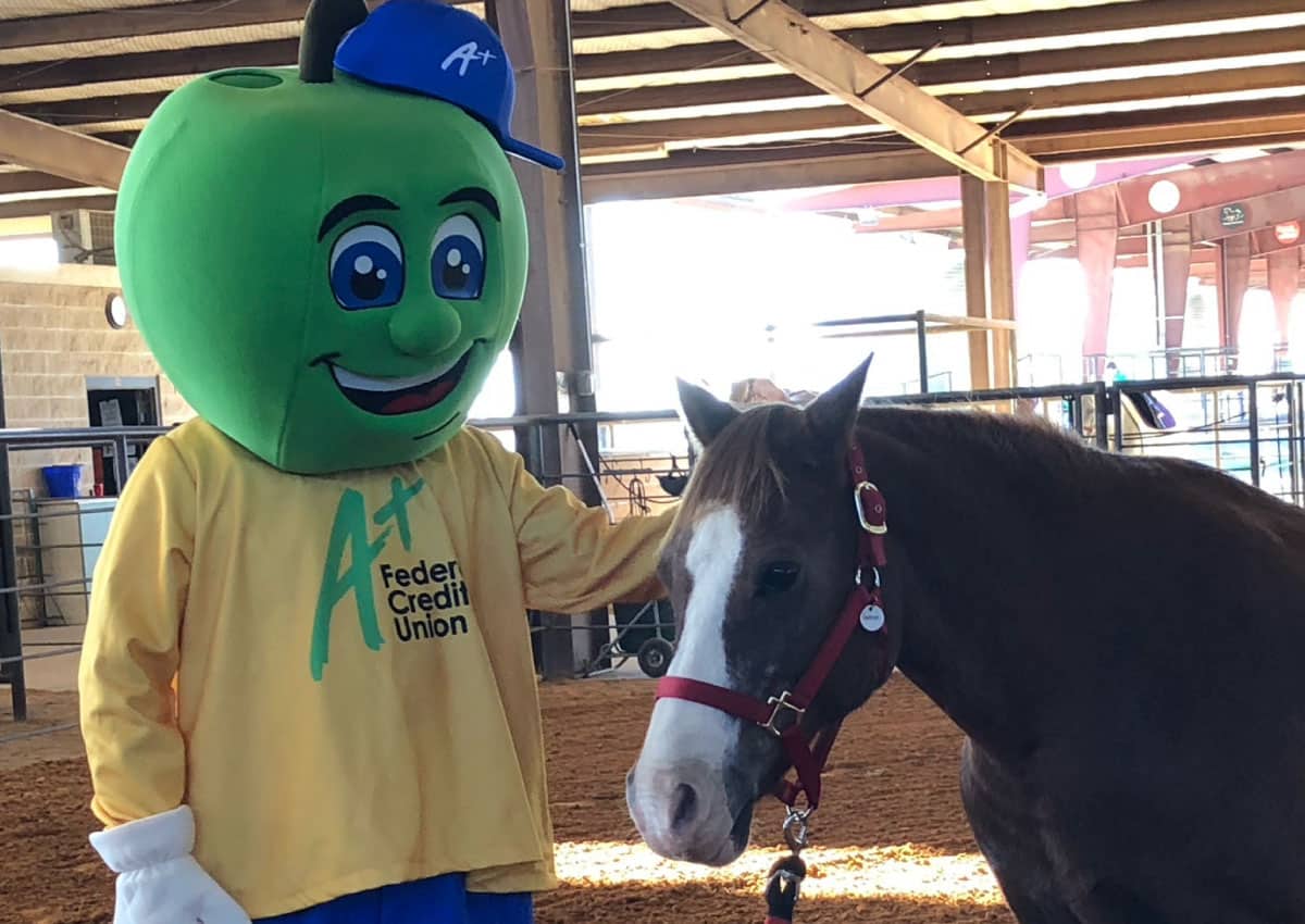 The A+FCU mascot, AJ, pets a horse at Ride On Center for Kids (ROCK).